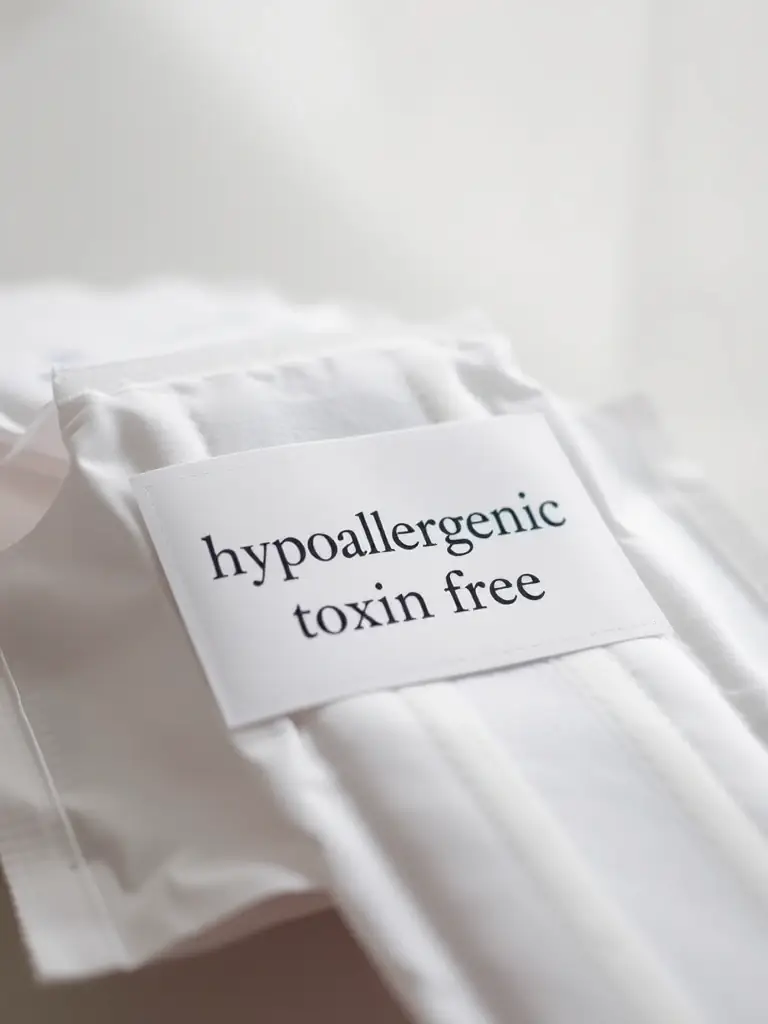 A close-up shot of the hypoallergenic and toxin-free label on Fresh Feathers Everyday Essentials packaging, emphasizing the brand's commitment to purity.